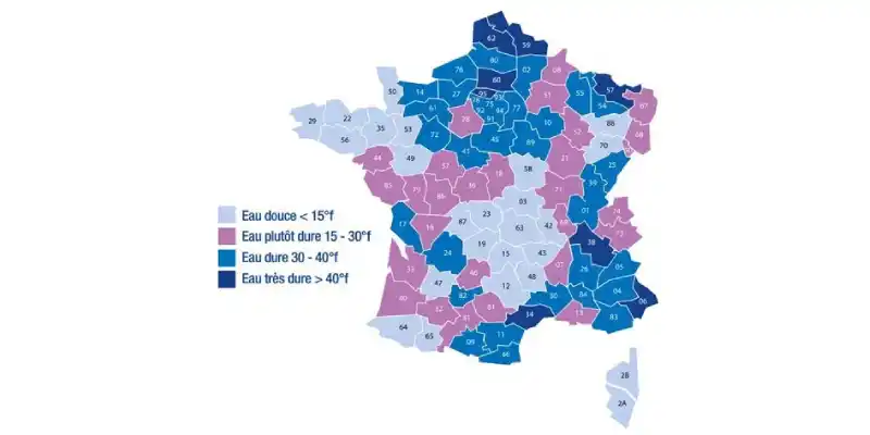 Carte de la dureté de l'eau potable en France